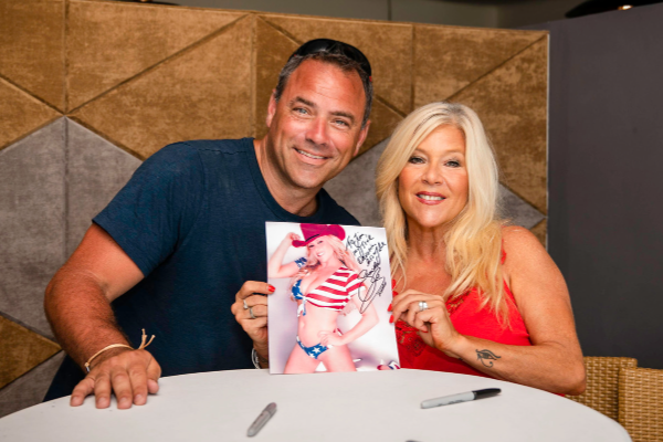 Samantha Fox meet and greet with a happy gen x fan.